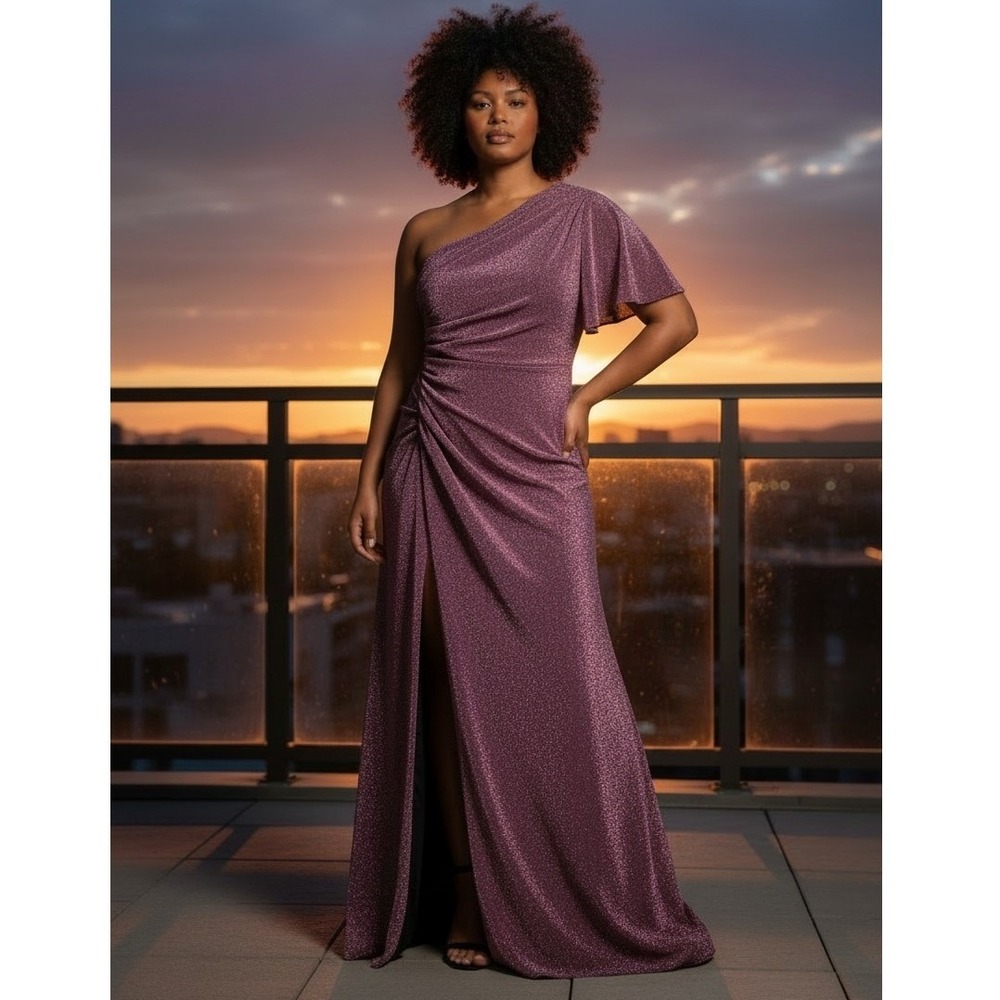 Adrianna Papell One Shoulder Metallic Gown Plum Purple Maxi Dress 10P AP1E210101